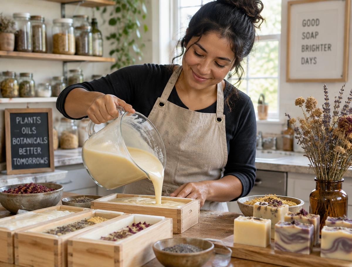 Founder of Dr. Bae Naturals pouring soap batter into wooden molds