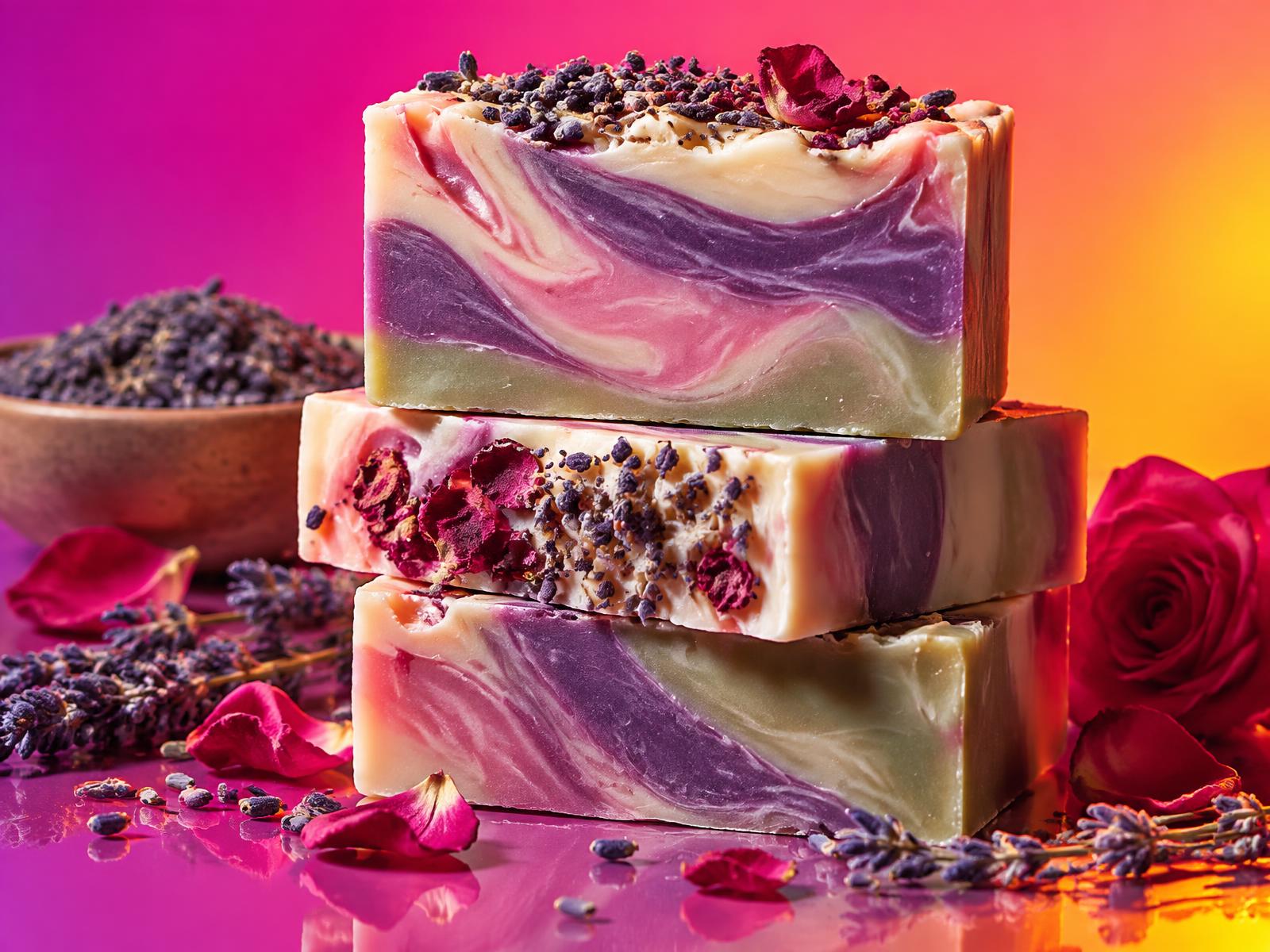 Stack of handmade cold-process soap bars topped with dried lavender and rose petals